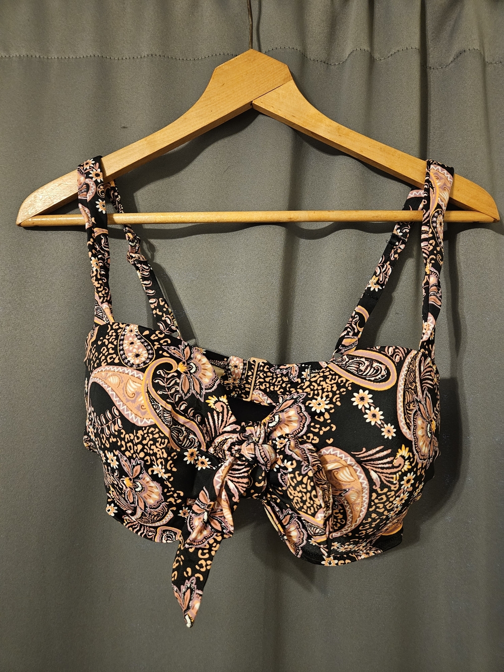 Paisley Tie-Front Bikini Top — Black with Peach & Cream Print